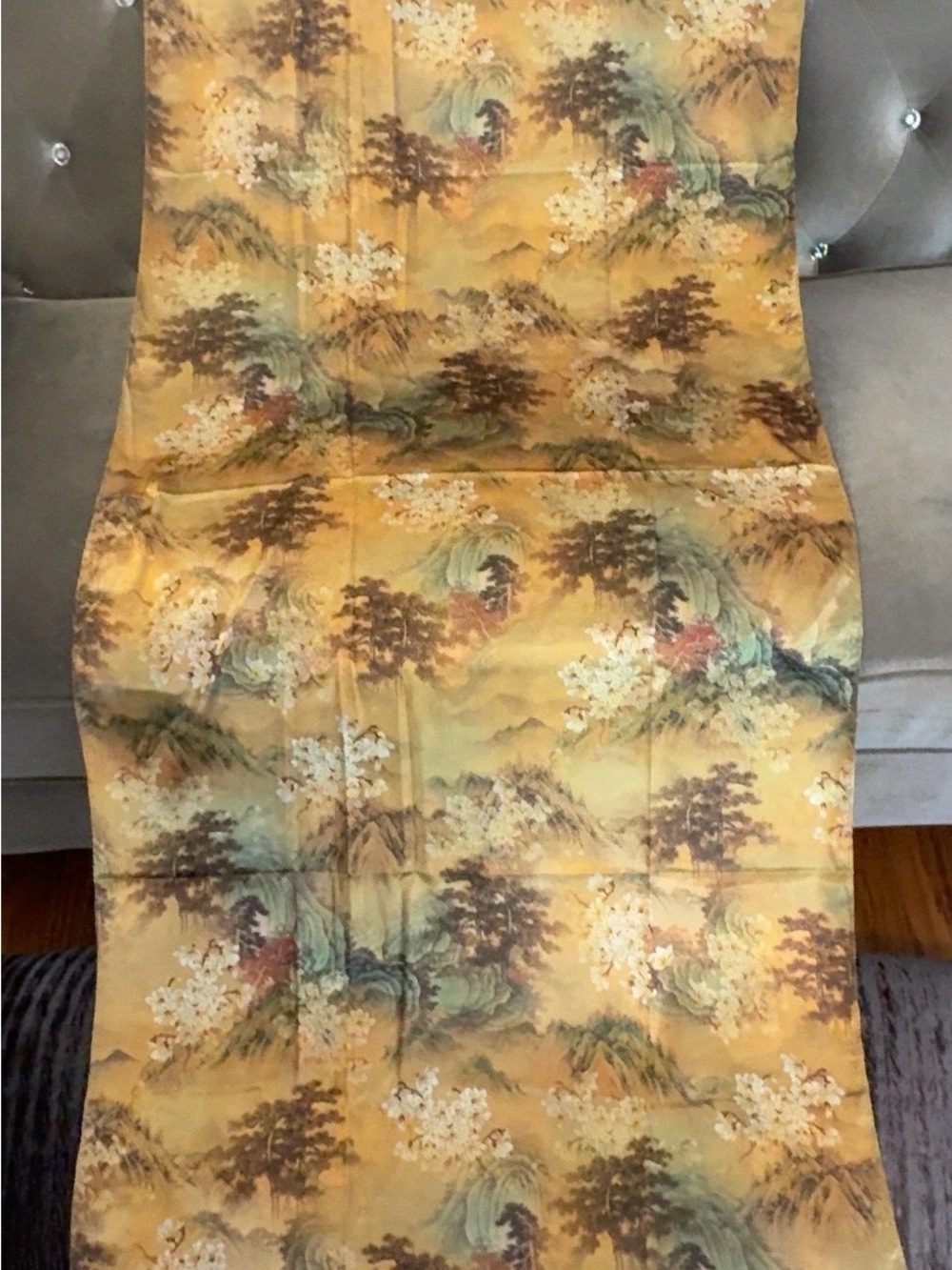 100% Silk Double-Sided Scarf – Floral Landscape & Peacock Print – New
